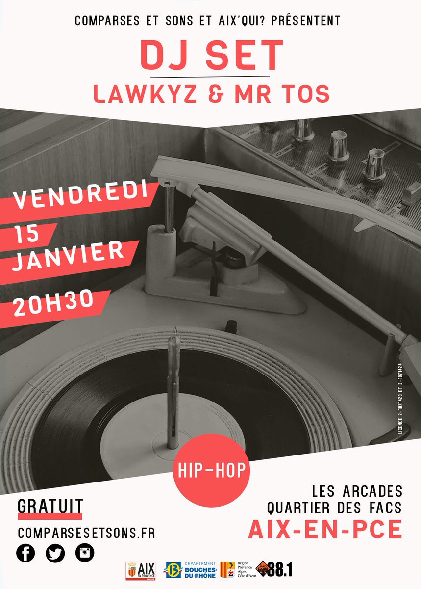 comparsesetsons's tweet photo. Le premier #concert de 2016 est #gratuit ! DJ set avec #lawkyz et  #mrtos #hiphop #funk #aixenprovence https://t.co/W1xy5pbRpF