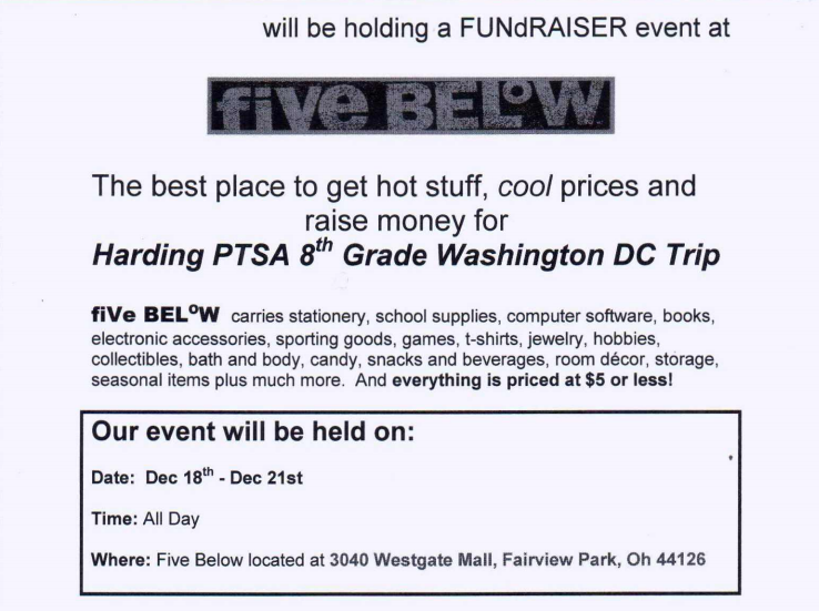 SullyPrincipal's tweet photo. 5 Below fundraiser this weekend to support HMS 8th grade Washington DC trip  @LkwdSchools @PTSAHarding @LkwdHarding https://t.co/pH0696dKAy
