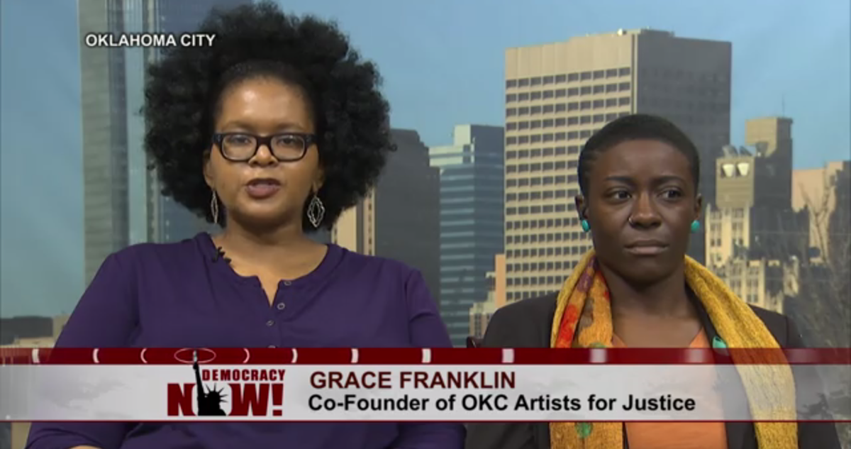 democracynow's tweet photo. OKC Activists: #DanielHoltzclaw wore suit to his trial while 2 victims testified in prison orange. #SayHerName https://t.co/0GaBw6Prqi
