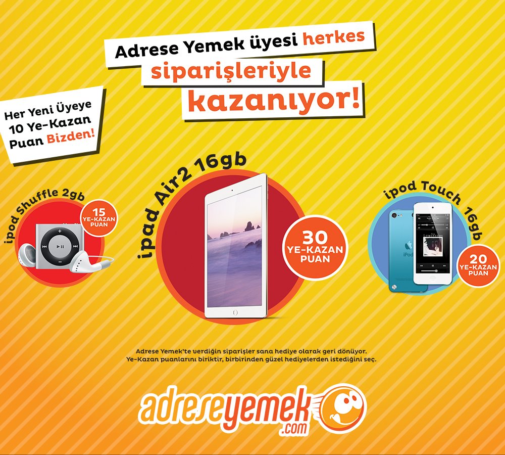 Adreseyemek'ten müthiş kampanya! Herkese iPad! Siparişini adreseyemek.com'dan ver, iPad'ini kazan!