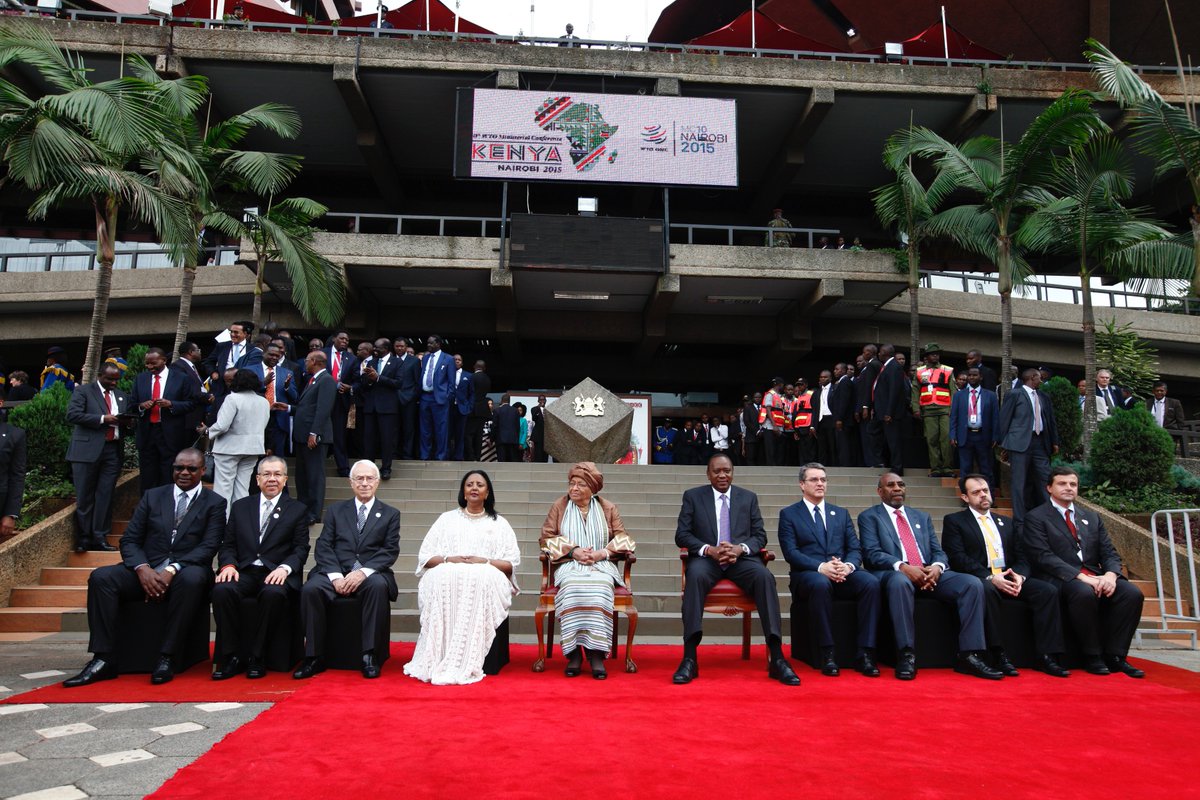 <a href="/UKenyatta/">Uhuru Kenyatta</a> accompanied by <a href="/EllenJohnSir/">Ellen Johnson Sirlef</a>, <a href="/AMB_A_Mohammed/">AMB.(Dr.) Amina C. Mohamed</a> and <a href="/WTODGAZEVEDO/">Roberto Azevêdo</a> at Opening Ceremony of #MC10Nairobi.