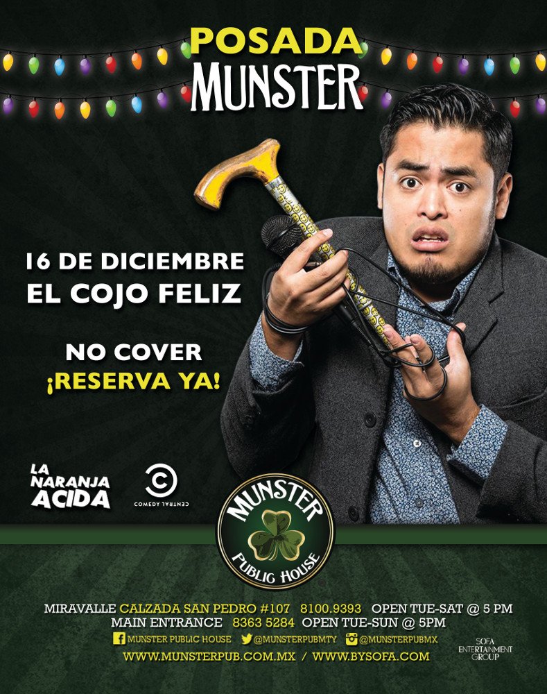 MunsterPubMTY's tweet photo. ¿Ya están listos para ver al Cojo Feliz este miércoles? ¡No se lo pueden perder! #Bestpubintown https://t.co/8cV7LXelZM