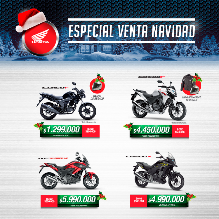 HondaMotosChile's tweet photo. Aprovecha nuestro bono de navidad y elige entre una #CB150F, #CB500F, #NC750X o una #CB500X. https://t.co/IUV6Yjosnu