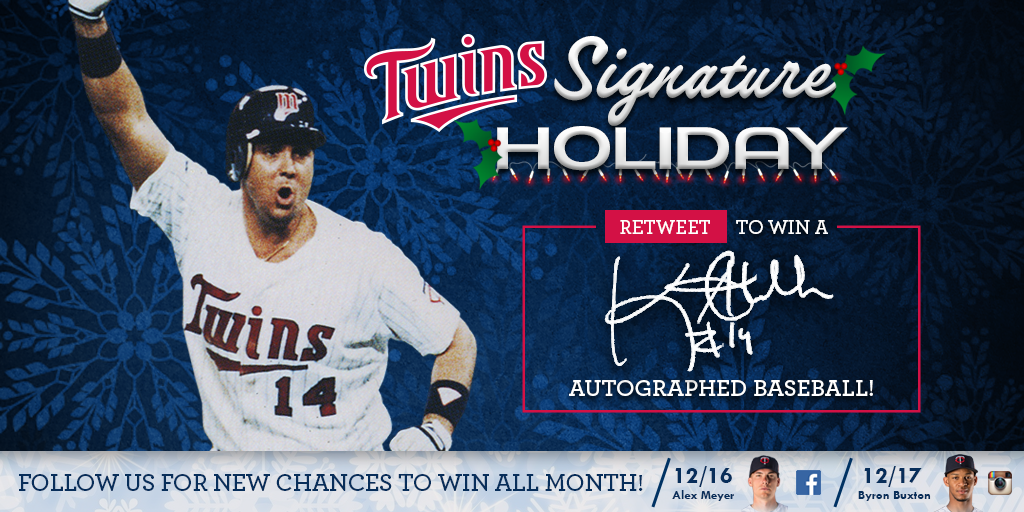RT to win a <a href="/Hrbie14/">Kent Hrbek</a> signed ⚾️!

Enter to win the grand prize &gt;&gt; twinsbaseball.com/holidaysweeps