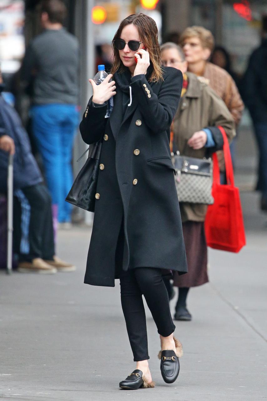 Dakota Johnson With Louis Vuitton's Messenger Bag and Gucci's Princetown Fur-Lined  Slippers