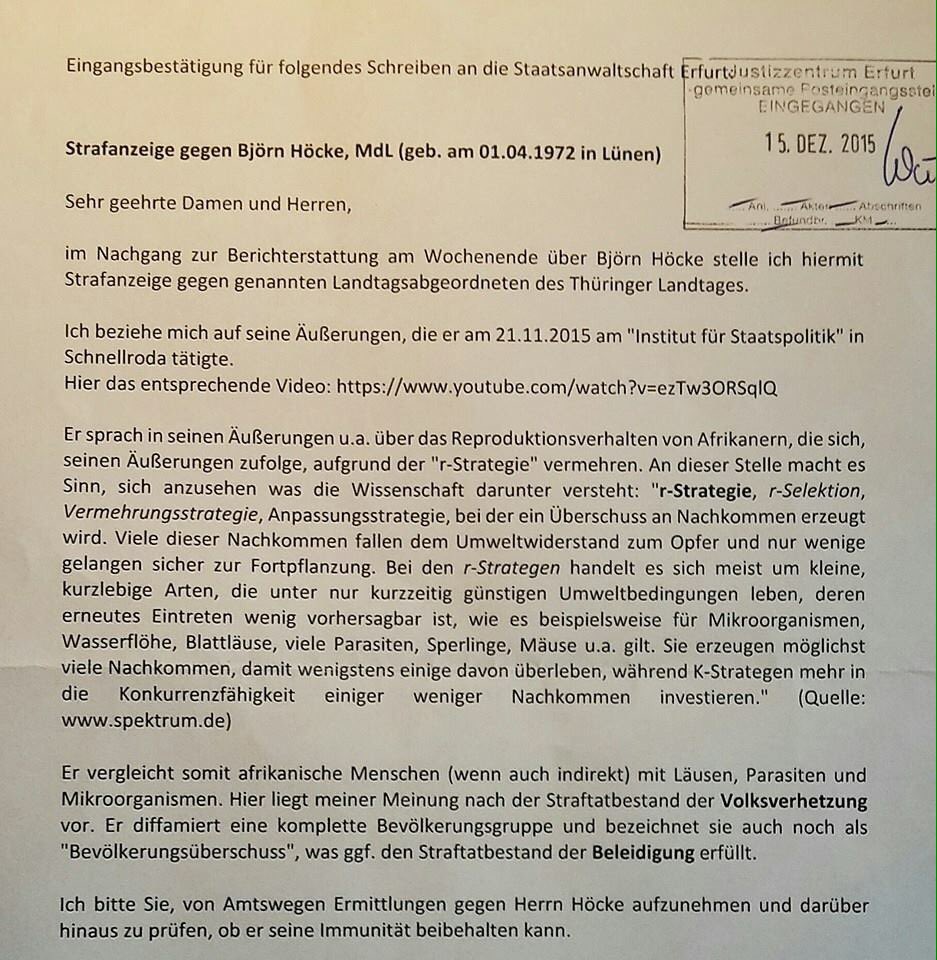 Da hat wer Strafanzeige gegen Björn #Höcke, #AfD wegen Verdacht auf Volksverhetzung &amp;Beleidigung gestellt \o/ #AfNPD