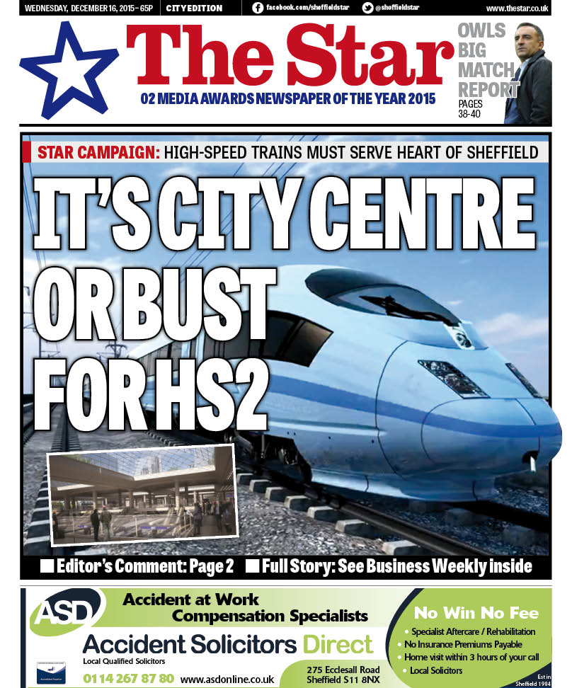JayMitchinson's tweet photo. 'HS2: City Centre or Bust.' Tomorrow we launch our campaign to protect Sheffield's economy #regionalfronts #HS2 https://t.co/hyCa9QvMQL