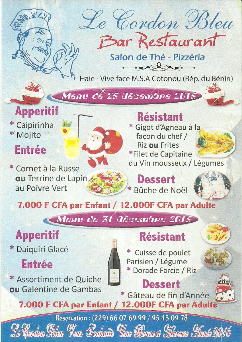229Mapub's tweet photo. Des menus alléchants pour les 25 et 31 Décembre 2015. Faites-y un tour miaam ;-) #229mapub #mangeracotonou #Team229 https://t.co/6Ic1tJiBAn