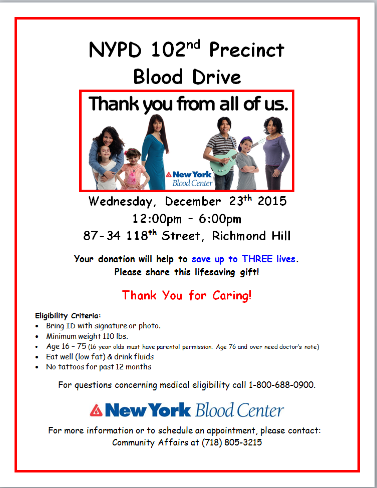 NYPD102Pct's tweet photo. Join us for our blood drive on December 23rd. Every pint counts! #donateblood  #SaveALife #102pct https://t.co/apirjCWw2I
