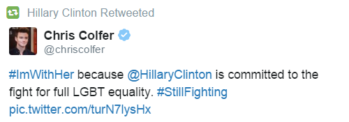 colfer_news's tweet photo. Hillary Clinton retweeted Chris's tweet  https://t.co/MdhfiOTfLU https://t.co/4olgCIfWsN