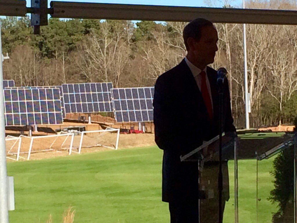 GeorgiaPower's tweet photo. Backlit by today's bright sunshine, our CEO Paul Bowers at #solar R&amp;D ribbon cutting at @universityofga #UGA https://t.co/YzopjvemaB