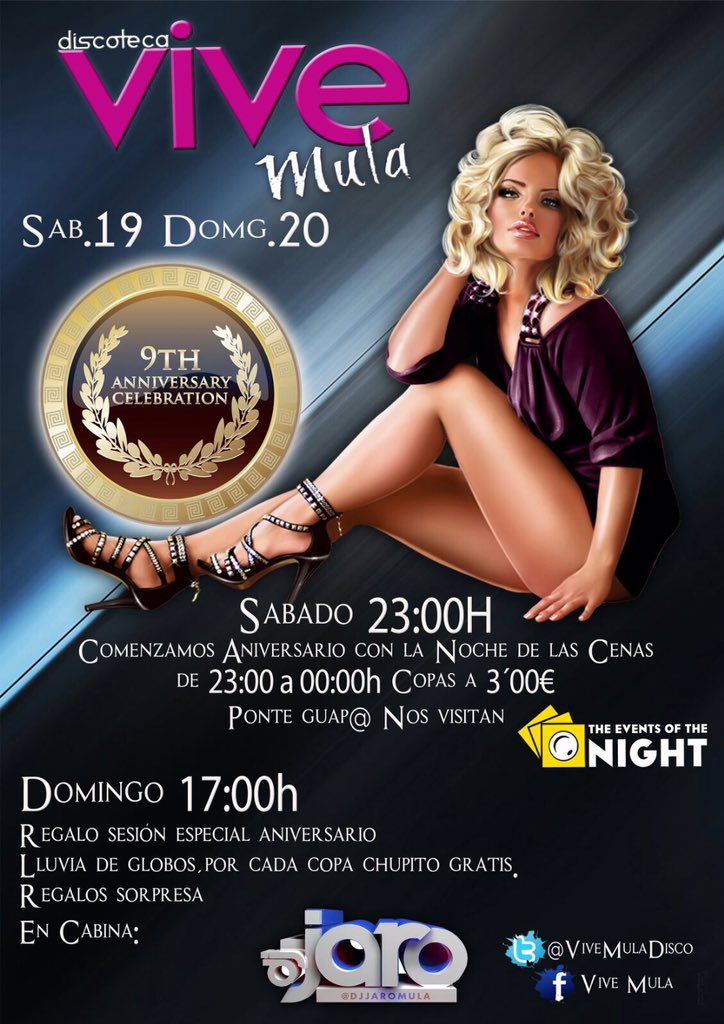 Este Fin de semana cumplimos 9 añitos en <a href="/ViveMulaDisco/">DISCOTECA VIVE MULA</a> 
Sábado y Domingo estaremos celebrándolo ....!!!!
