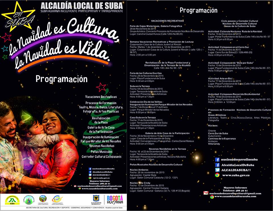 NDCSuba's tweet photo. Esta semana prográmate con las actividades de Navidad en la localidad de Suba #LaNavidadEsCultura #LaNavidadEsVida https://t.co/gdC54NL1or