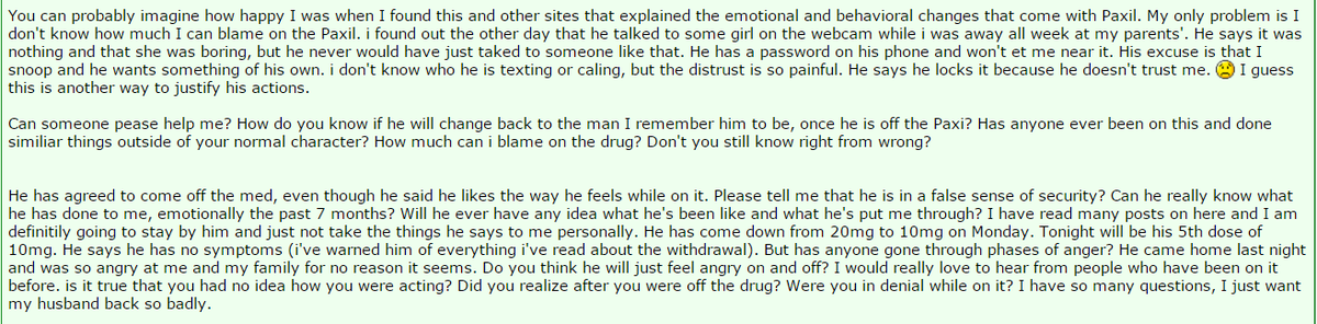 NewsHealth7's tweet photo. "I don't know this man anymore, I feel like I am living with a stranger" #SSRIdivorce #paxil #mentalhealth ~95 (4/5) https://t.co/XRmkygDm5B