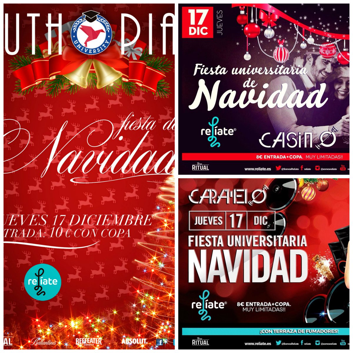 SomosReliate's tweet photo. Donde caben dos, caben tres!! 3 fiestones este jueves para despedir 2015!! #navidadesreliadas #findexamenes https://t.co/aDC6FrfTiI