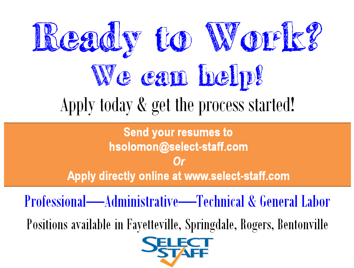 SelectStaffNWA's tweet photo. Be sure to get your application in today before the holidays! Start the New Year off right with new job! #NWA #Jobs https://t.co/Wqrq2U0dJj