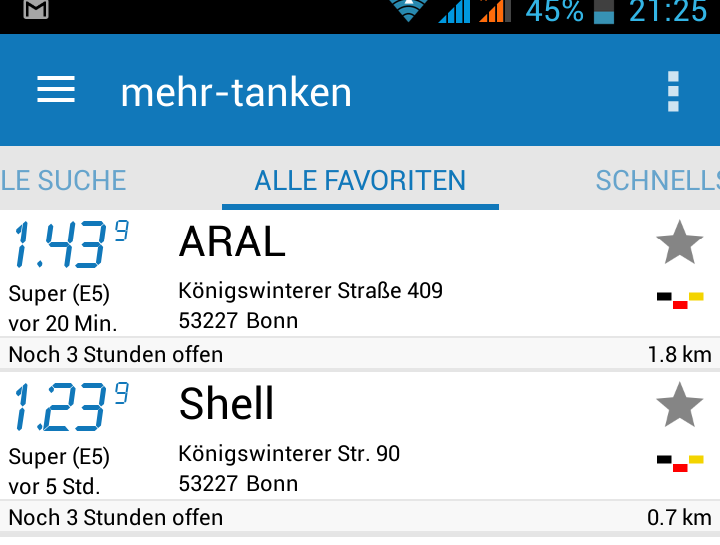 BonnBeuel's tweet photo. Krass, 20 Cent/Liter Unterschied innerhalb von wenigen Kilometer in #Bonn #sprit #superE5 #Benzin #tanken https://t.co/T8JHSCJ90C