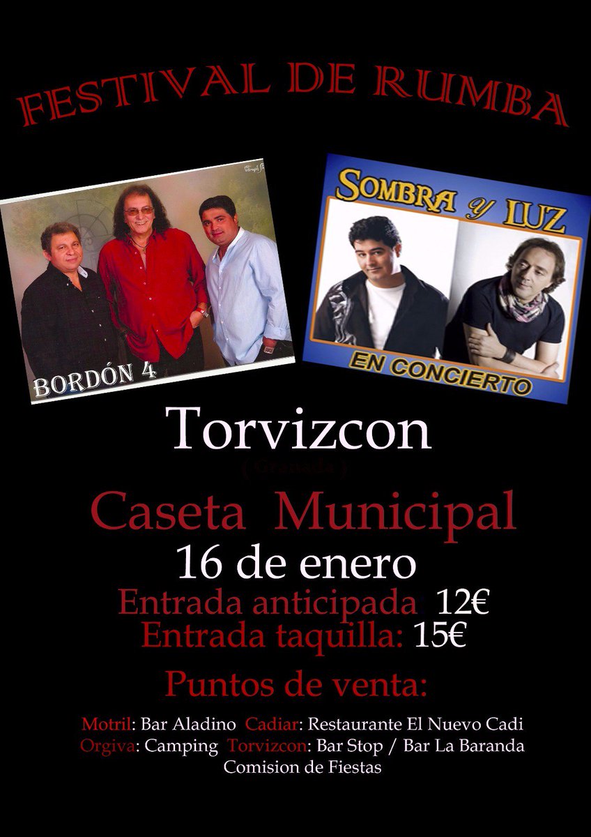 Te veo en Torvizcon con @Bordon4Oficial y <a href="/SOMBRAYLUZ_Ofic/">SOMBRA Y LUZ</a> 
<a href="/orgiva1973/">GRANADATWEETS</a> <a href="/DavidTorvizcon/">Juan David Moreno</a> <a href="/ElFiesta_es/">ElFiesta.es</a> <a href="/GranadaOnline/">GranadaOnline ®</a>