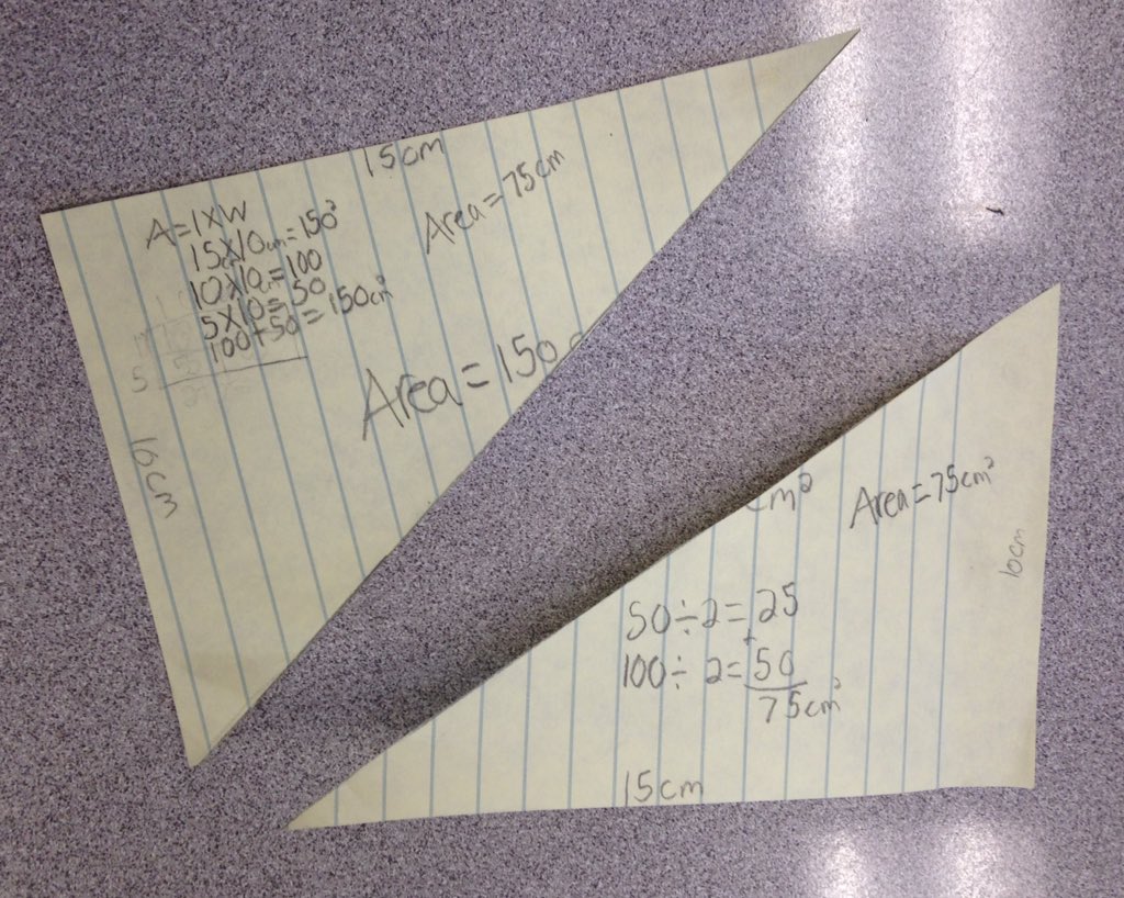 msstewardson's tweet photo. Exploring area. Looking at the relationship between area of a rectangle and triangle. #sccdsb https://t.co/bVIPuZtLTO