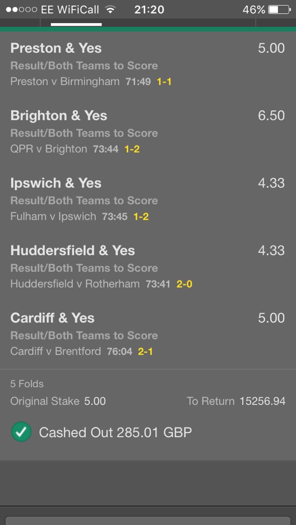 davepav80's tweet image. @TheFooTypster @JackRowley7 also cashed out at just the right time before Brentford equalised #profit #bookiebashed