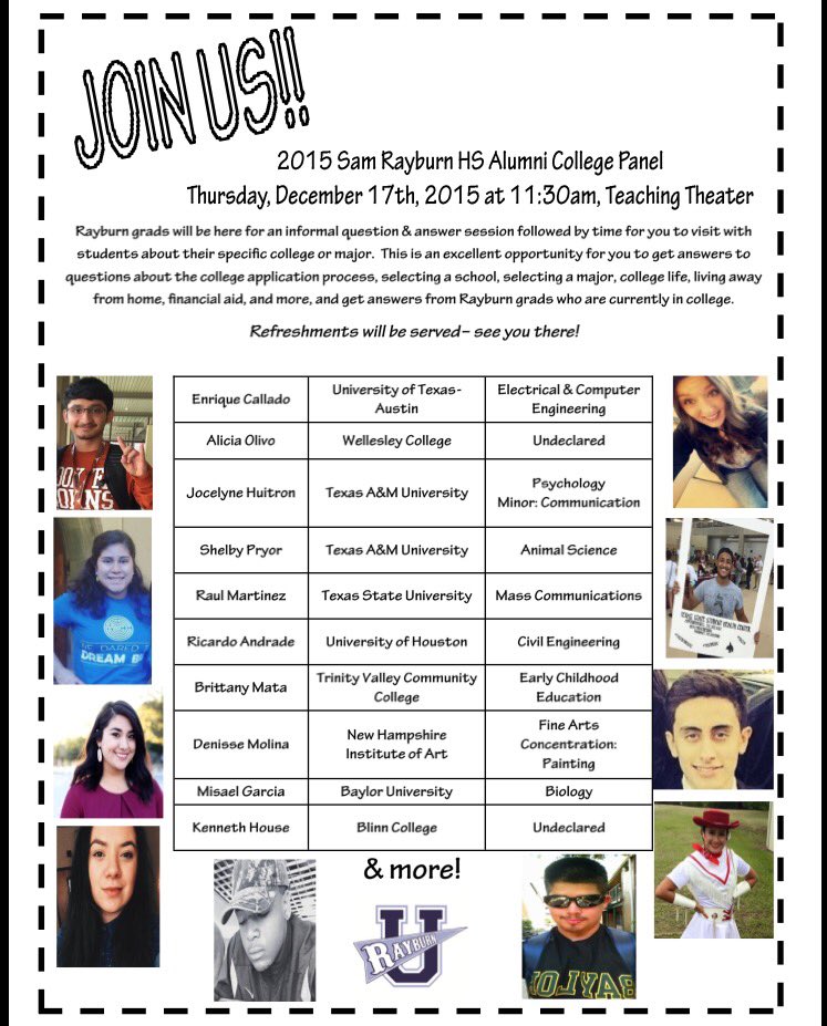 RayburnU's tweet photo. College Panel this Thursday at 11:30 in the Teaching Theater! Anyone can attend! https://t.co/GC2ZZ5bhqi