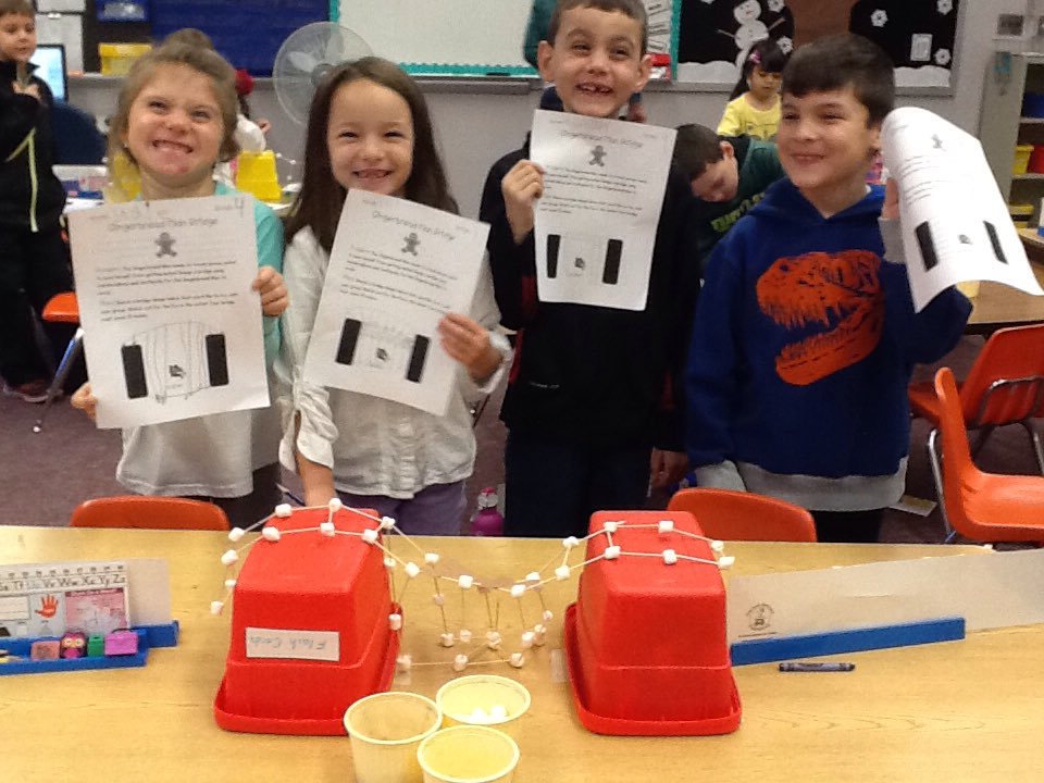 SS_Gr1's tweet photo. It's Gingerbread time! Miss Christophersen's class build bridges to get the gingerbread men across the river! #stem https://t.co/ZhBhHMGRjL