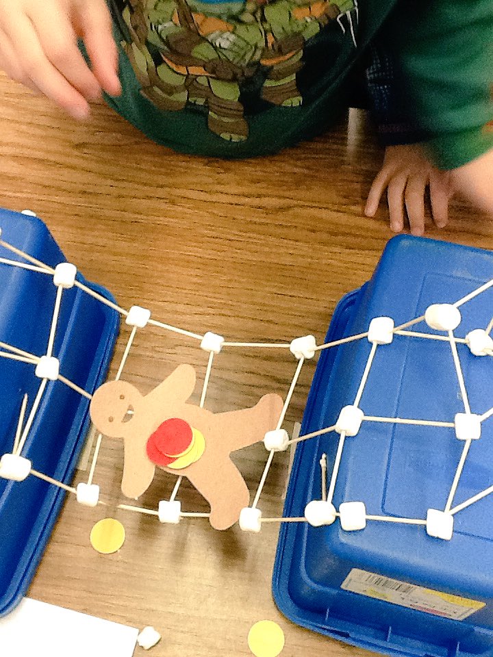SS_Gr1's tweet photo. It's Gingerbread time! Miss Christophersen's class build bridges to get the gingerbread men across the river! #stem https://t.co/ZhBhHMGRjL