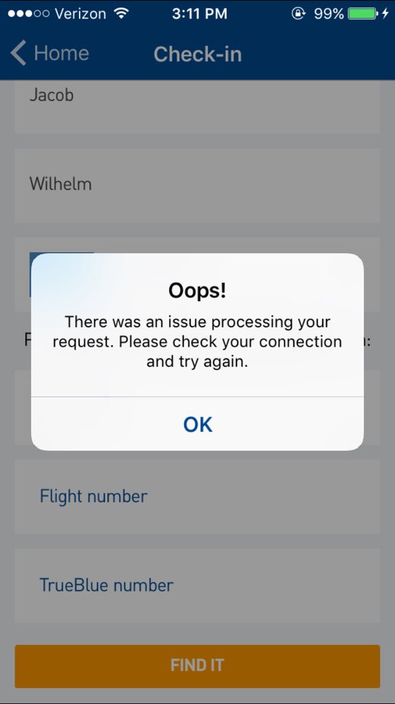 jwilhelm48's tweet photo. .@JetBlue I can't check into my flight on your app! I've tried 5 times. https://t.co/VkLl5XMCoz