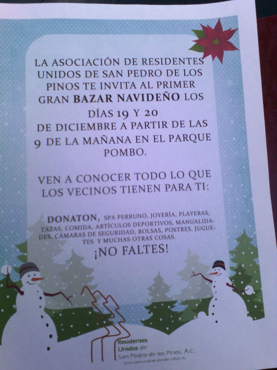 BAZAR NAVIDEÑO sábado19 y domingo 20 parque Pombo en san pedro de los pinos <a href="/NOparqSnPdPinos/">SnPedroNOparquimetro</a> <a href="/SegSPdelosPinos/">Seguridad SanPedrodP</a>
