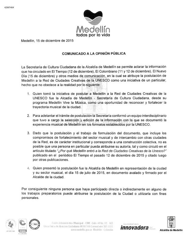 mdevivelamusica's tweet photo. Aviso aclaratorio sobre postulación de Medellín a la Red de Ciudades Creativas @elcolombiano @ELTIEMPO https://t.co/7aDj7lxAVb