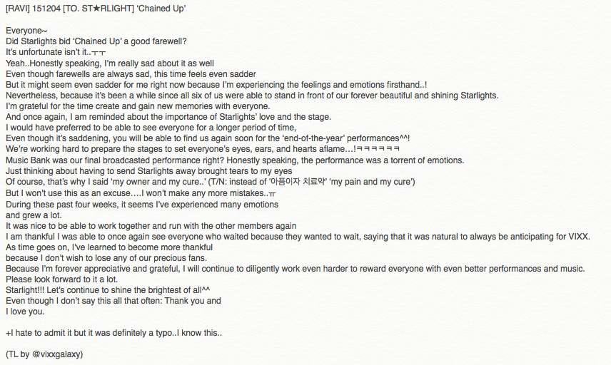 VIXXGalaxy's tweet photo. [RAVI] 151204 [TO. ST★RLIGHT] ‘Chained Up’ https://t.co/nWtYWn0QAe https://t.co/y0j5Vj4zgE