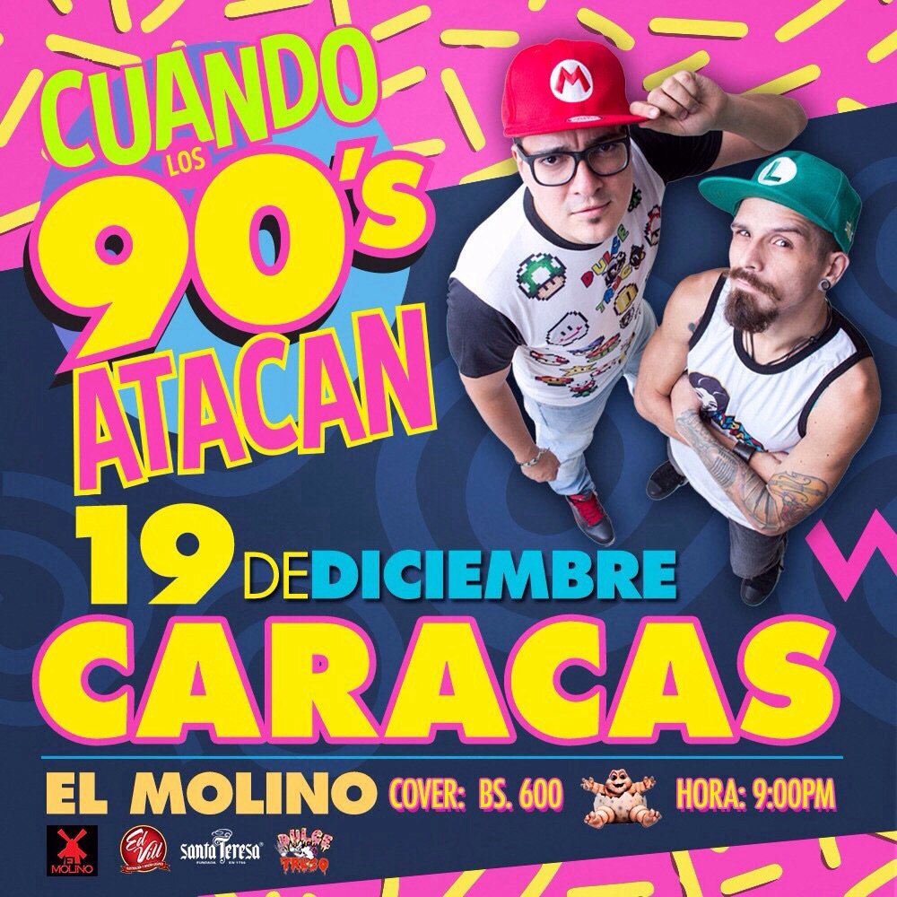 ElMolinoCcs's tweet photo. Este sábado #19dic @los90satacan invade El Molino con lo mejor y lo peor de la década de los 90's #Imperdibleeee https://t.co/Pq5sIFTksV