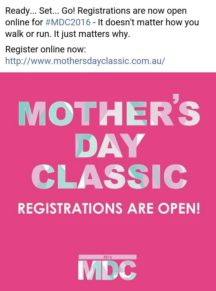 MDC_Geelong's tweet photo. Registrations are NOW OPEN for #MDC2016! #MDC_Geelong #MothersDay #SundayMay8th2016 #NBCF https://t.co/7fb9tHBhol