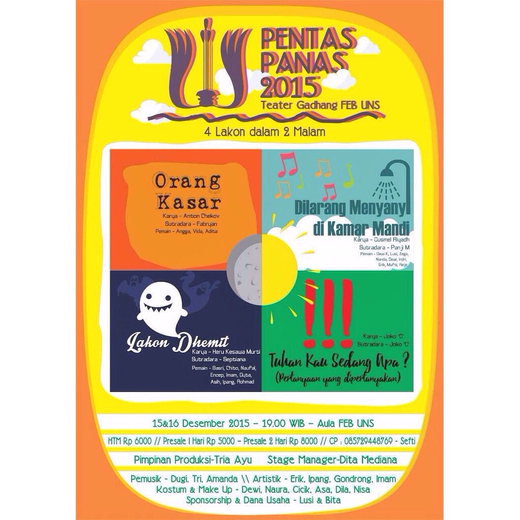 TeaterGadhang's tweet photo. @Teater_SOPO TONIGHT! Pentas panas teater gadhang @ AULA FEB UNS, 7.30pm. Don't miss it! Ots 6rb. #day2 https://t.co/pOg3KFHeI4
