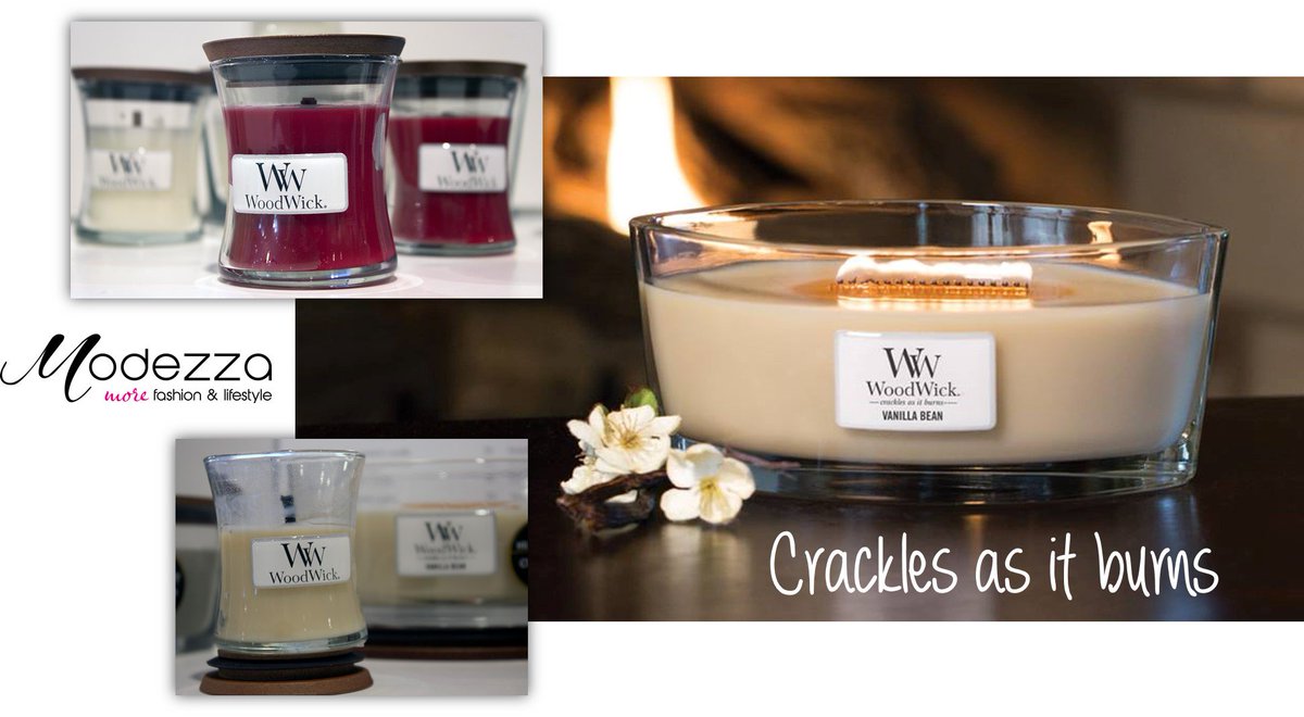 Modezza's tweet image. Kruip lekker weg bij het knisperend haardvuurtje van deze #Woodwick-kaars. Nu verkrijgbaar bij Modezza #gezellig