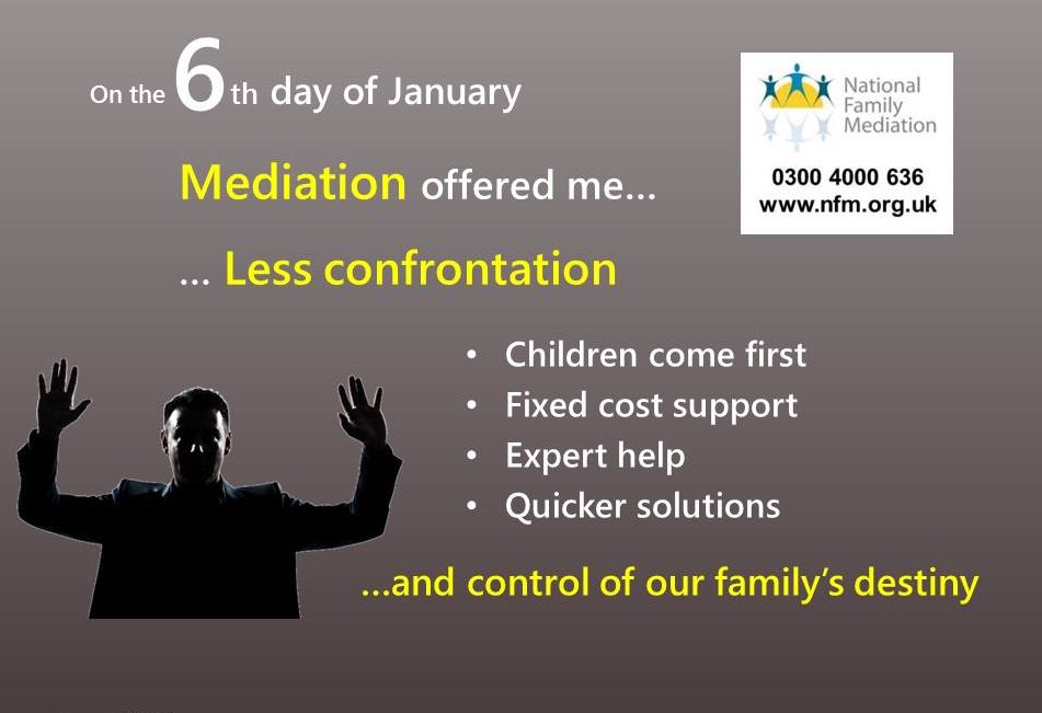 NatFamMediation's tweet photo. Less confrontation. What #mediation offered me on the 6th day of January
#parenting #divorce #12daysofJanuary https://t.co/qreWh8Nq5q