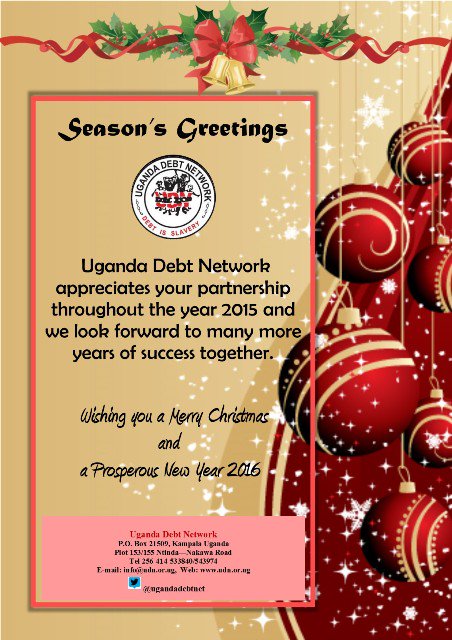 ugandadebtnet's tweet photo. UDN Wishes you a Merry Xmas and a Prosperous 2016! 
Together for a better Uganda with a high quality of life of pipo https://t.co/RNU4oOiHk4
