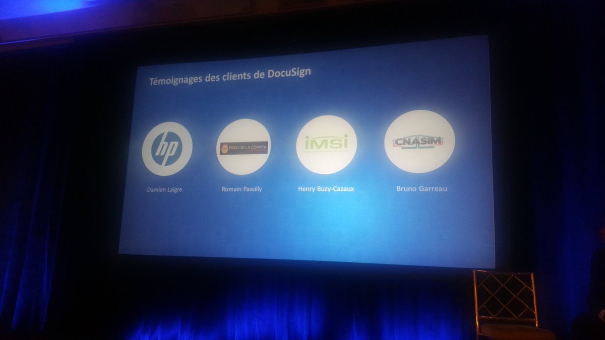 DocusignFR's tweet photo. Nouveaux témoignages avec @HP_France @freddelacompta @HBuzyCazaux et @PresidentCNASIM #DocuSignSummit https://t.co/VdKv6EctJD