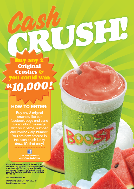 BoostWonderpark's tweet image. Buy 2 crushes this holiday and stand a chance to win R10 000 in #cash! Visit boostjuice.co.za for more info!