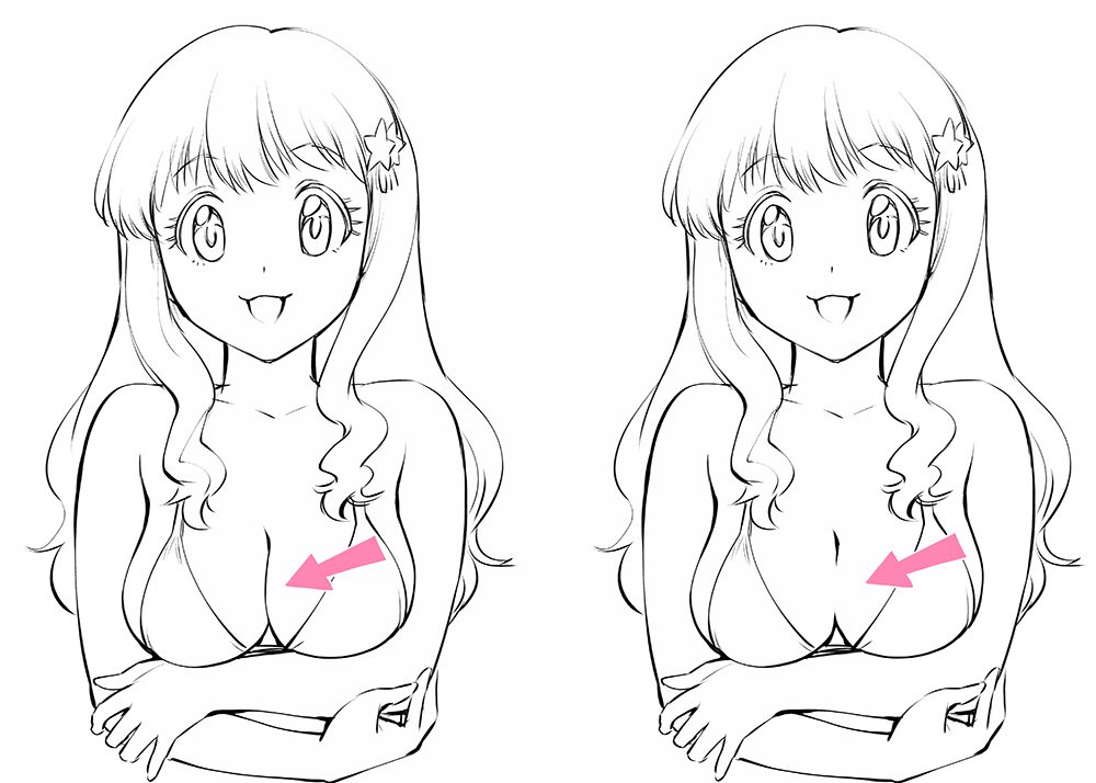 上山道郎 右側のように 谷間の線が途中で途切れる表現をたまに見るんだけどこれはどういう狙いで始まったんだろう この描き方の方がオシャレっぽい T Co Ccghcrwazh Twitter