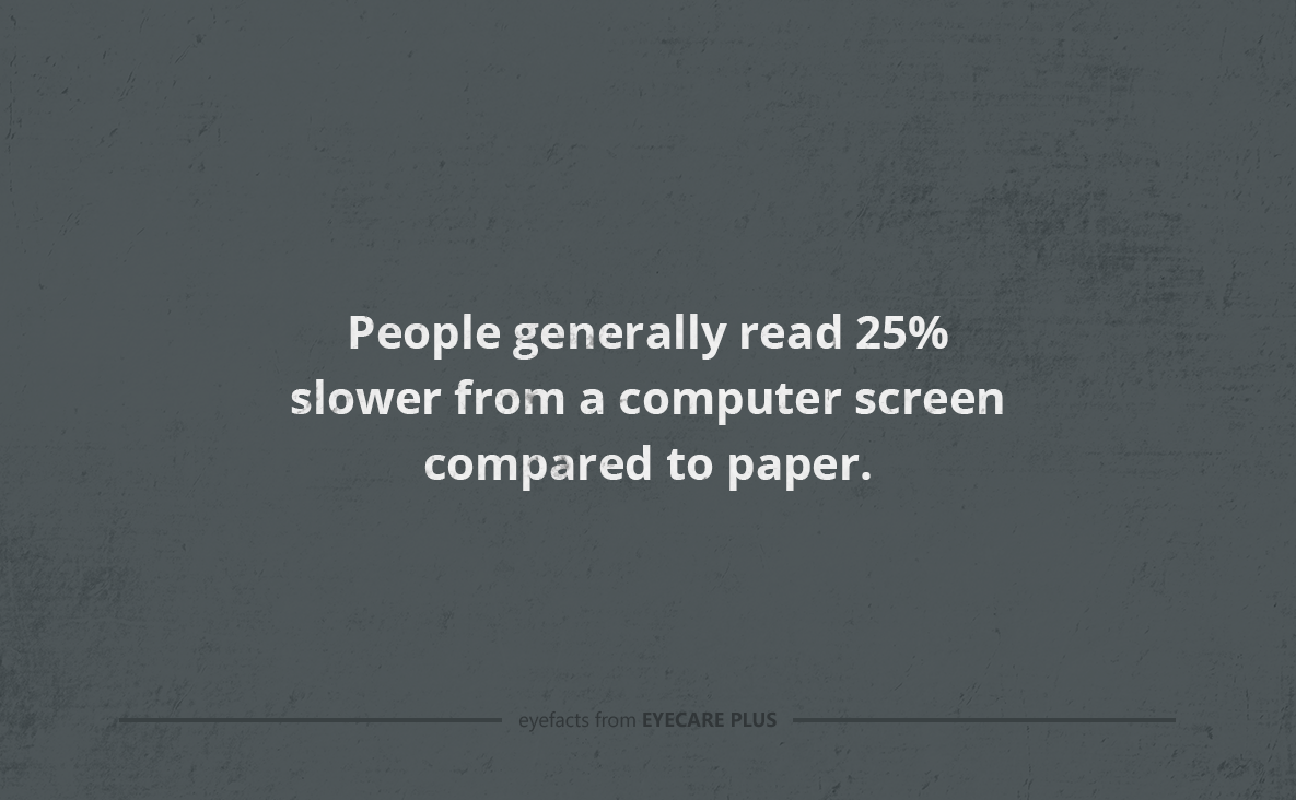 Healthcare4Mobi's tweet image. People generally read 25% slower from a computer screen compared to paper! #EyeFact #EyeCarePlus