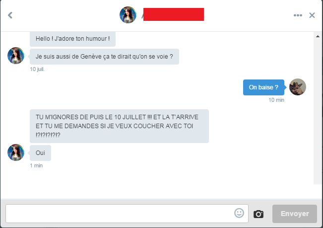 Conardeur's tweet photo. Et pendant ce temps en DM.
Les filles, sachez qu'il y a une file d'attente de plusieurs mois pour coucher avec moi. https://t.co/DAyx5iTX7p