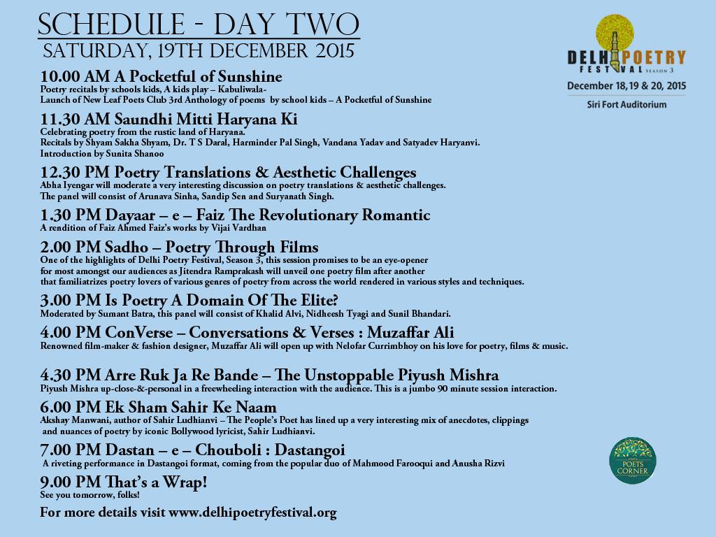 itsPoetsCorner's tweet photo. Schedule Day 2 @DelhiPoetryFest  18th -20th dec at SiriFort Auditorium @dolsin @pratapsomvanshi https://t.co/k89Zr9vdpT
