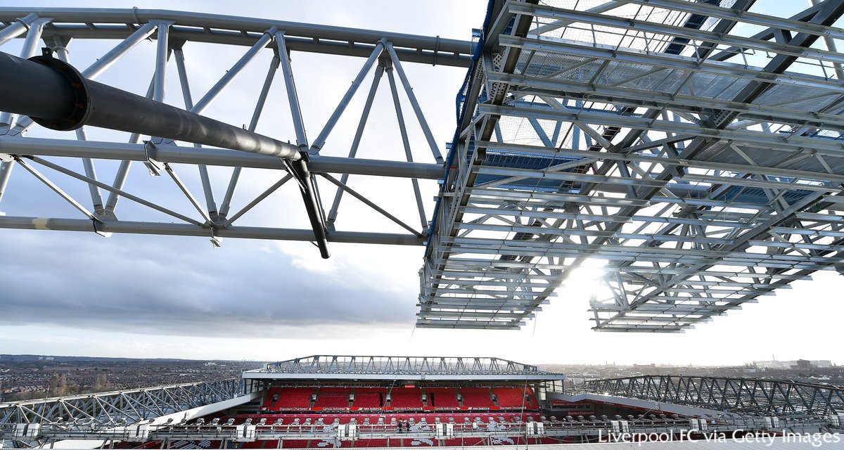 LFC's tweet photo. Work on Anfield’s Main Stand upper tier was coming along nicely this morning! #LFC https://t.co/fHdVd2xS2G