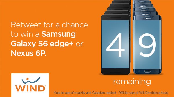 RT the next 5 min for a chance to #WIN our 2nd of 50 phones: a Samsung Galaxy S6 Edge+! #BirthdayGift #WINDmobile