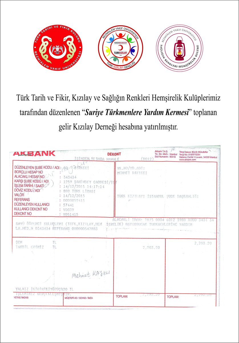 "Suriye Türkmenlerine Yardım Kermesi" geliri Kızılay Derneği hesabına yatırılmıştır. Kulüplerimize teşekkür ederiz.