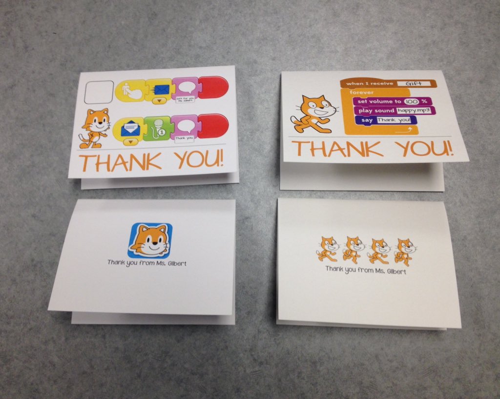 msgilbertrocks's tweet image. Two of the new thank you cards for this year. @ScratchJr and @scratch Perfect timing #beyondhourofcode #kidscancode