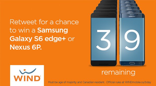 FreedomMobile's tweet photo. Time for another #BirthdayGift! RT in the next 5 min for a chance to #WIN a Samsung Galaxy #S6EdgePlus! #WINDmobile https://t.co/URxrenxFw0