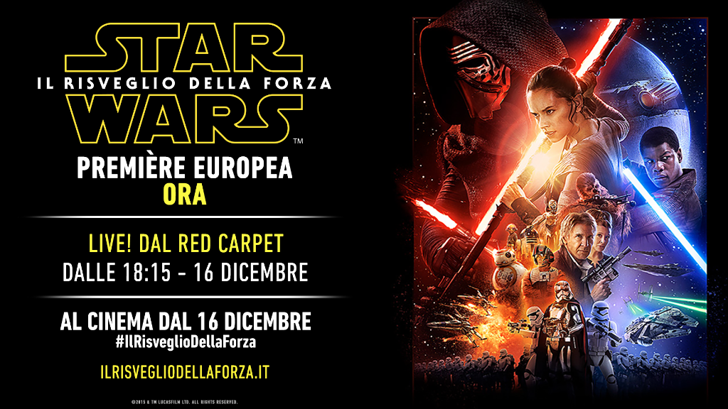 StarWarsIT's tweet photo. Guardate la première europea di #StarWars #IlRisveglioDellaForza live qui: https://t.co/aoKehifoRT. https://t.co/Mteth79GpQ