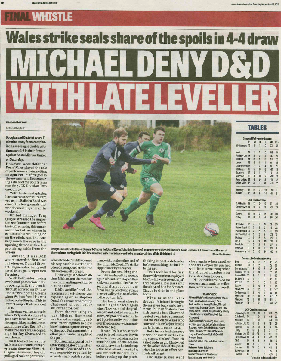 DouglasDistrict's tweet photo. Match report from our 4-4 draw at Michael United on page 30 of the Examiner, thanks to Paul Hatton for reporting https://t.co/fe9kOSwqe1